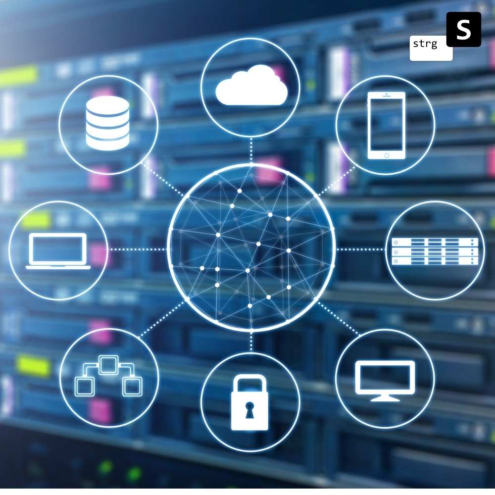 Eine Grafik für das Hosting-Webpaket „Plus“ (jährlich), die die Netzwerkkonnektivität mit Symbolen veranschaulicht, die Datenbanken, Cloud-Speicher, Mobilgeräte, Server, Computer, Netzwerkstrukturen und Sicherheit vor einem Hintergrund aus Server-Racks darstellen.