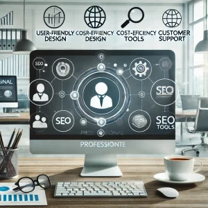 Ein Geschäftskonzeptbild mit einem Computerbildschirm, der eine professionelle Website anzeigt. Um den Bildschirm herum befinden sich Symbole, die benutzerfreundliches Design darstellen.