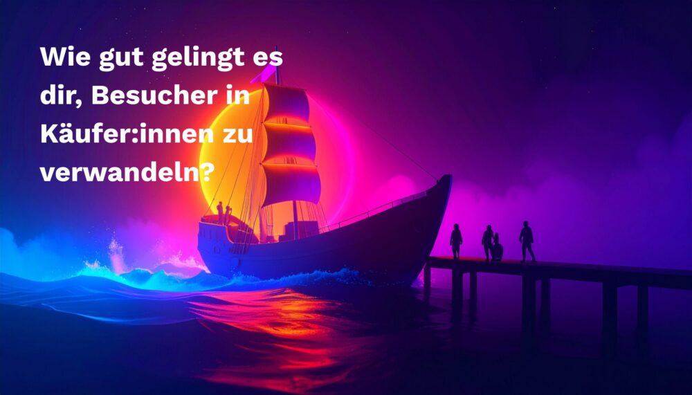 strg-S Webdesign mit Sinn Ein hell erleuchtetes Schiff, das an einem Pier in neonpinkem und blauem Licht angedockt hat, mit drei Personen, die in der Nähe stehen; ein deutscher Text fragt nach den durchschnittlichen monatlichen Besuchern eines Online-Shops. WordPress, Shopify