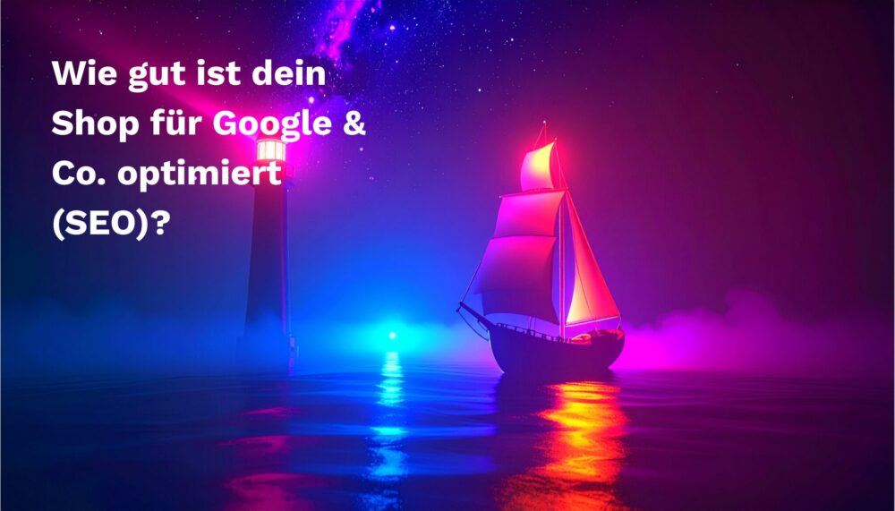 strg-S Webdesign mit Sinn Ein Segelboot mit rosa und blauen Neonlichtern segelt nachts in der Nähe eines Leuchtturms; links erscheint ein deutscher Text über SEO-Optimierung. WordPress, Shopify
