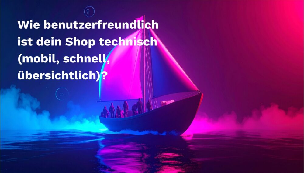 strg-S Webdesign mit Sinn Ein Segelboot mit neonpinken und blauen Lichtern gleitet durch nebliges Wasser; der deutsche Text auf der linken Seite fragt nach der technischen Benutzerfreundlichkeit eines Online-Shops. WordPress, Shopify