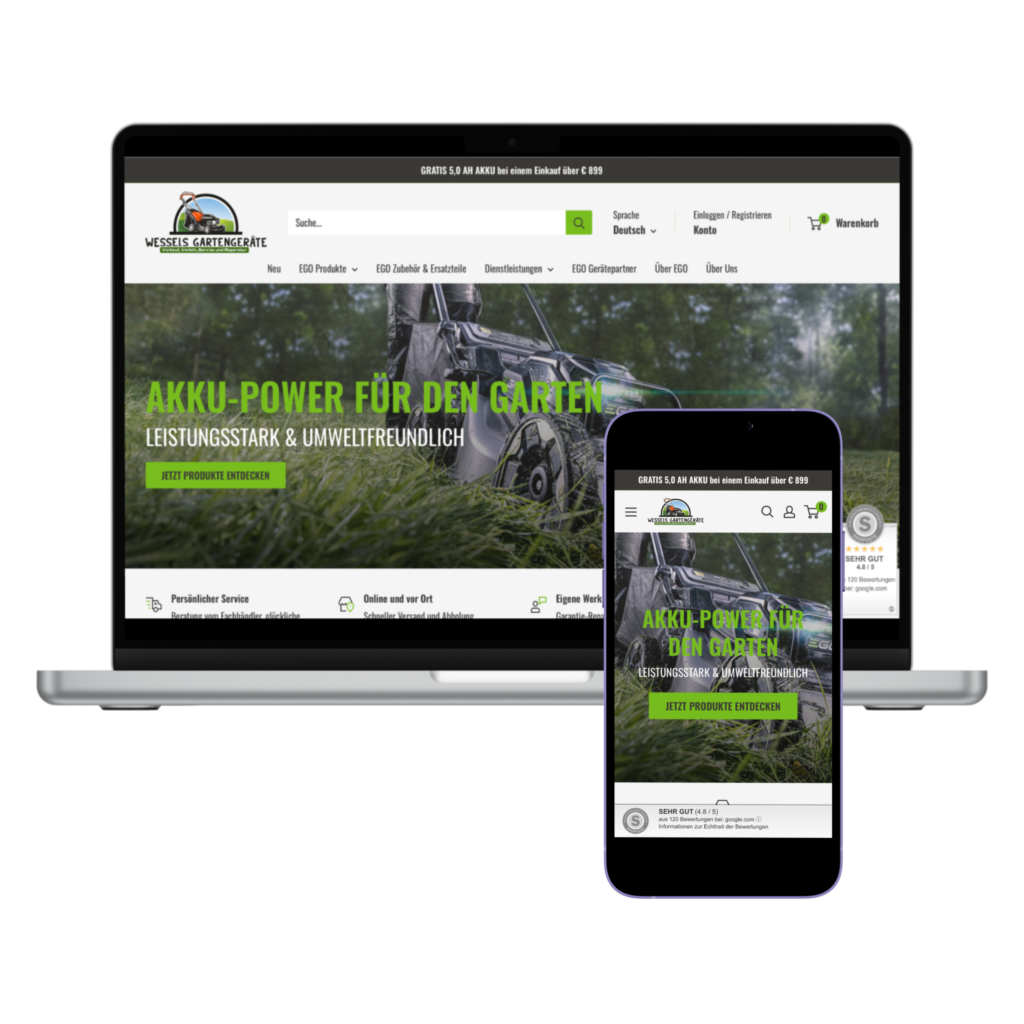 strg-S Webdesign mit Sinn Ein Laptop und ein Smartphone zeigen dieselbe Homepage für ein Geschäft für Gartengeräte an, auf der ein Rasenmäher und grüner Werbetext zu sehen sind. WordPress, Shopify