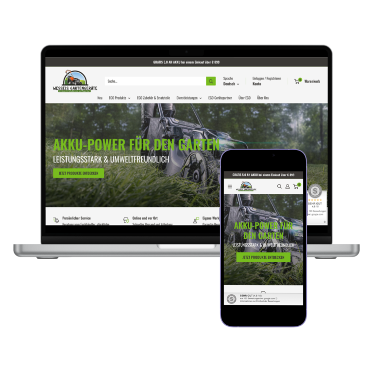 strg-S Webdesign mit Sinn Ein Laptop und ein Smartphone zeigen dieselbe Homepage für ein Geschäft für Gartengeräte an, auf der ein Rasenmäher und grüner Werbetext zu sehen sind. WordPress, Shopify