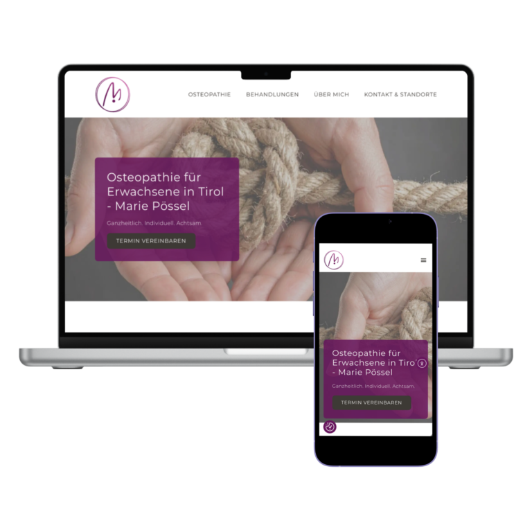 strg-S Webdesign mit Sinn Ein Laptop und ein Smartphone zeigen die neu gestaltete Website von Osteopathie Tirol, die mit einem violetten Overlay mit Text und einer Nahaufnahme von Händen, die ein Seil halten, auf die modernen Osteopathie-Dienstleistungen hinweist. WordPress, Shopify