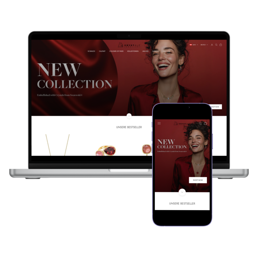 strg-S Webdesign mit Sinn Ein Laptop und ein Smartphone zeigen dieselbe Schmuck-Website mit einem roten Banner, das eine lächelnde Frau und den Text "New Collection" zeigt. WordPress, Shopify