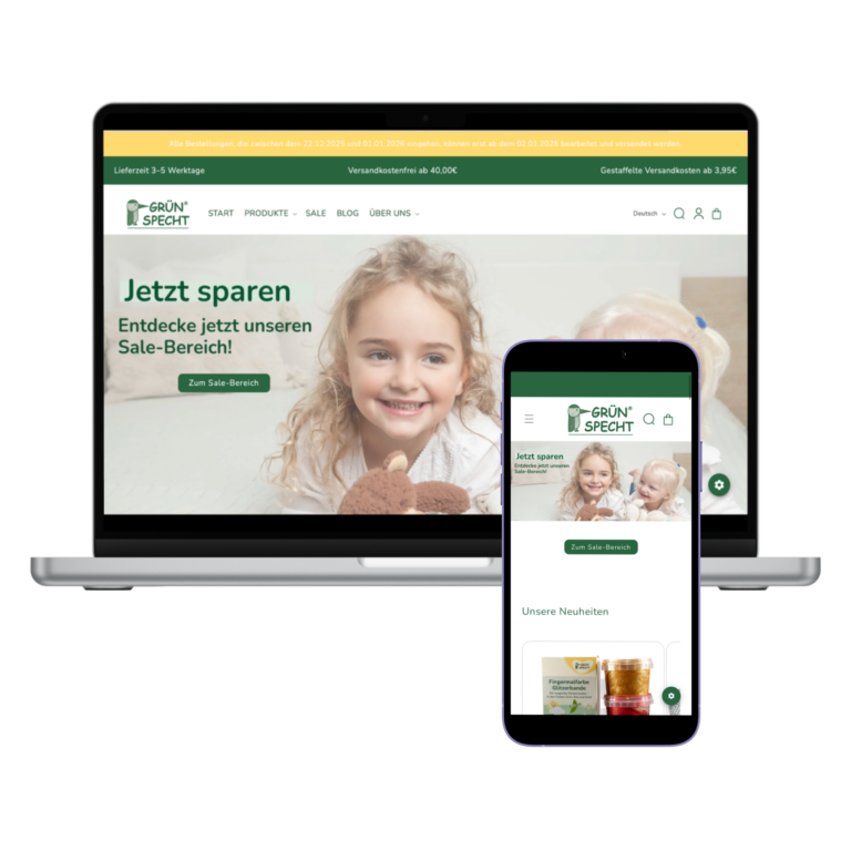 strg-S Webdesign mit Sinn Ein Laptop und ein Smartphone zeigen dieselbe Homepage mit einem lächelnden Kind, einem Teddybär und einem Werbetext zum Thema Sparen. WordPress, Shopify
