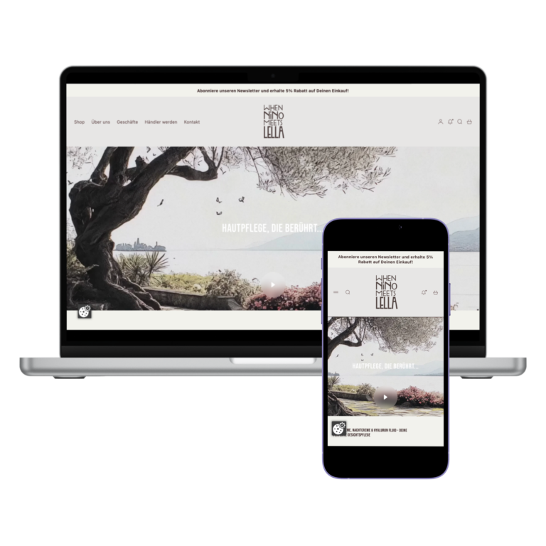 strg-S Webdesign mit Sinn Auf einem Laptop und einem Smartphone wird dieselbe Homepage angezeigt, die eine malerische Landschaft mit Bäumen und Wasser sowie einen deutschen Text zeigt, der für Hautpflegeprodukte wirbt. WordPress, Shopify